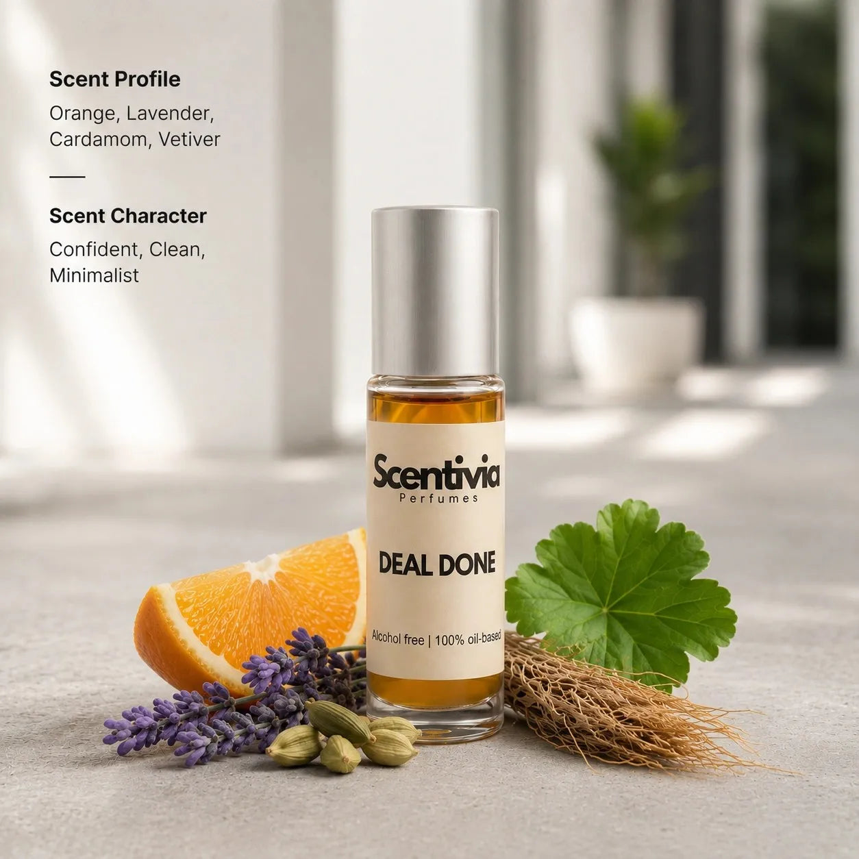 Deal Done roll on bottle with Orange, Lavender, Cardamom and Vetiver in clean modern setting. Character: Confident, Minimal