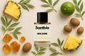 Scentivia Deal Done perfume bottle arranged flat on a light beige surface surrounded by pineapple wedges, a whole green lime, whole nutmeg seeds, leafy green sprigs, and small golden amber resin pieces.