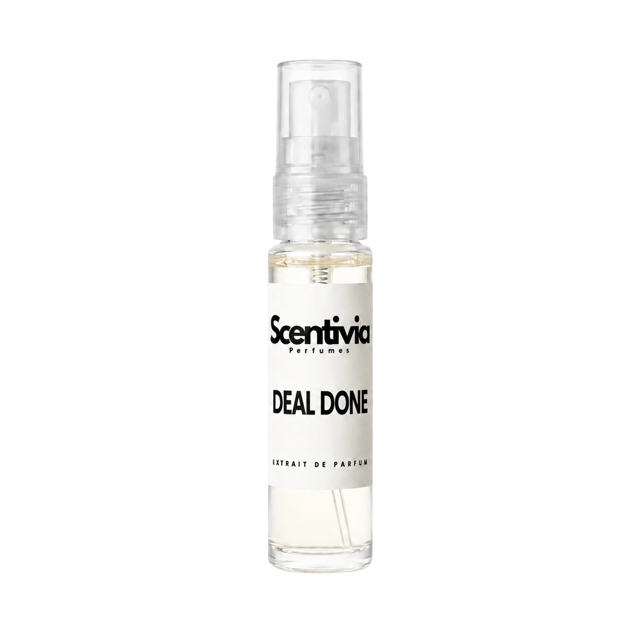 10 ml perfume spray bottle with clear misting top, labeled Scentiva DEAL DONE.