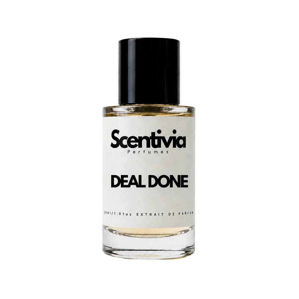 Perfume bottle with black cap and clear base, white label with Scentivia and Deal Done