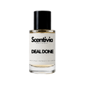Perfume bottle with black cap and clear base, white label with Scentivia and Deal Done