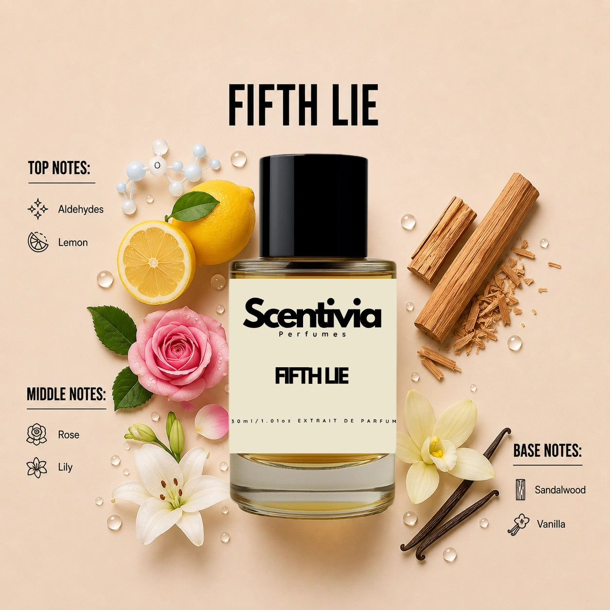 Scentivia Fifth Lie perfume breakdown showing top, middle, and base notes including aldehydes, lemon, rose, lily, sandalwood, and vanilla around the bottle.