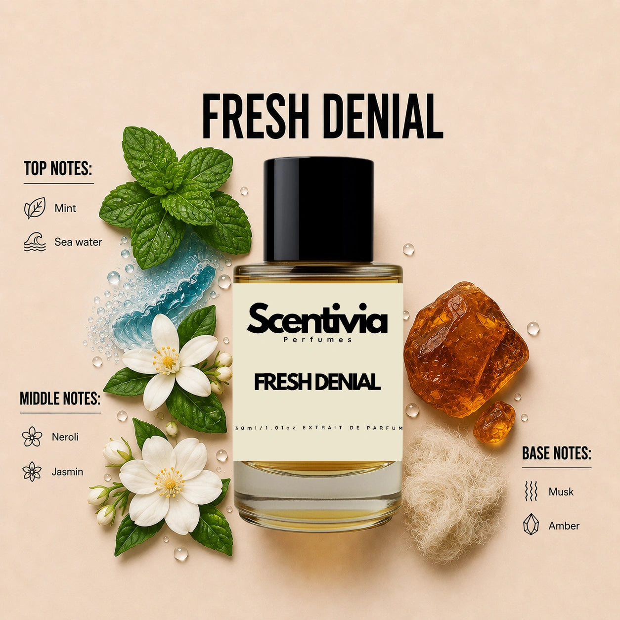 Scentivia Fresh Denial perfume breakdown showing top, middle, and base notes including mint, sea water, neroli, jasmin, musk, and amber stones around the bottle.