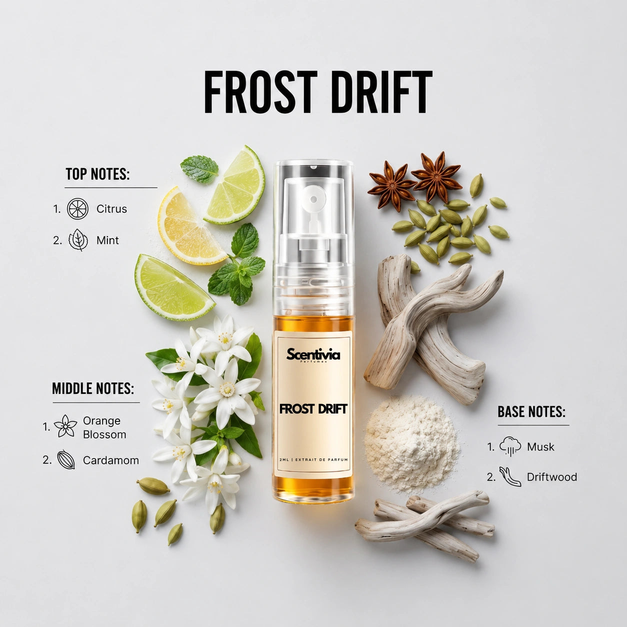 Frost Drift 2ML perfume bottle by Scentivia Perfumes with Citrus, Mint, Orange Blossom, Cardamom, Musk and Driftwood