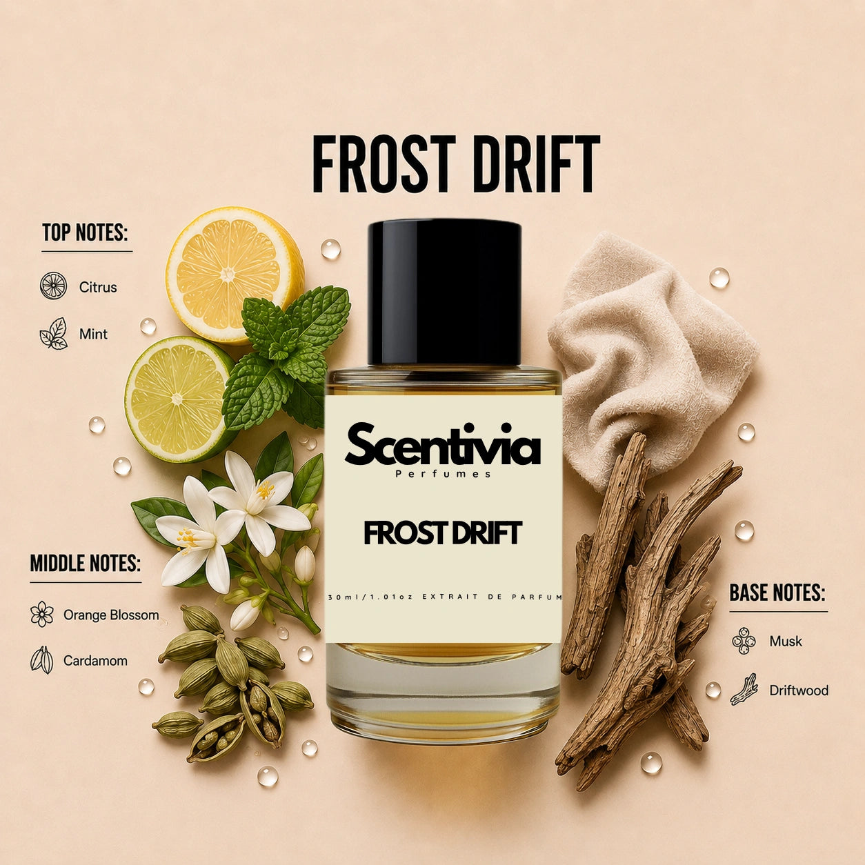 Scentivia Frost Drift perfume breakdown showing top, middle, and base notes including citrus, mint, orange blossom, cardamom, musk, and driftwood around the bottle.