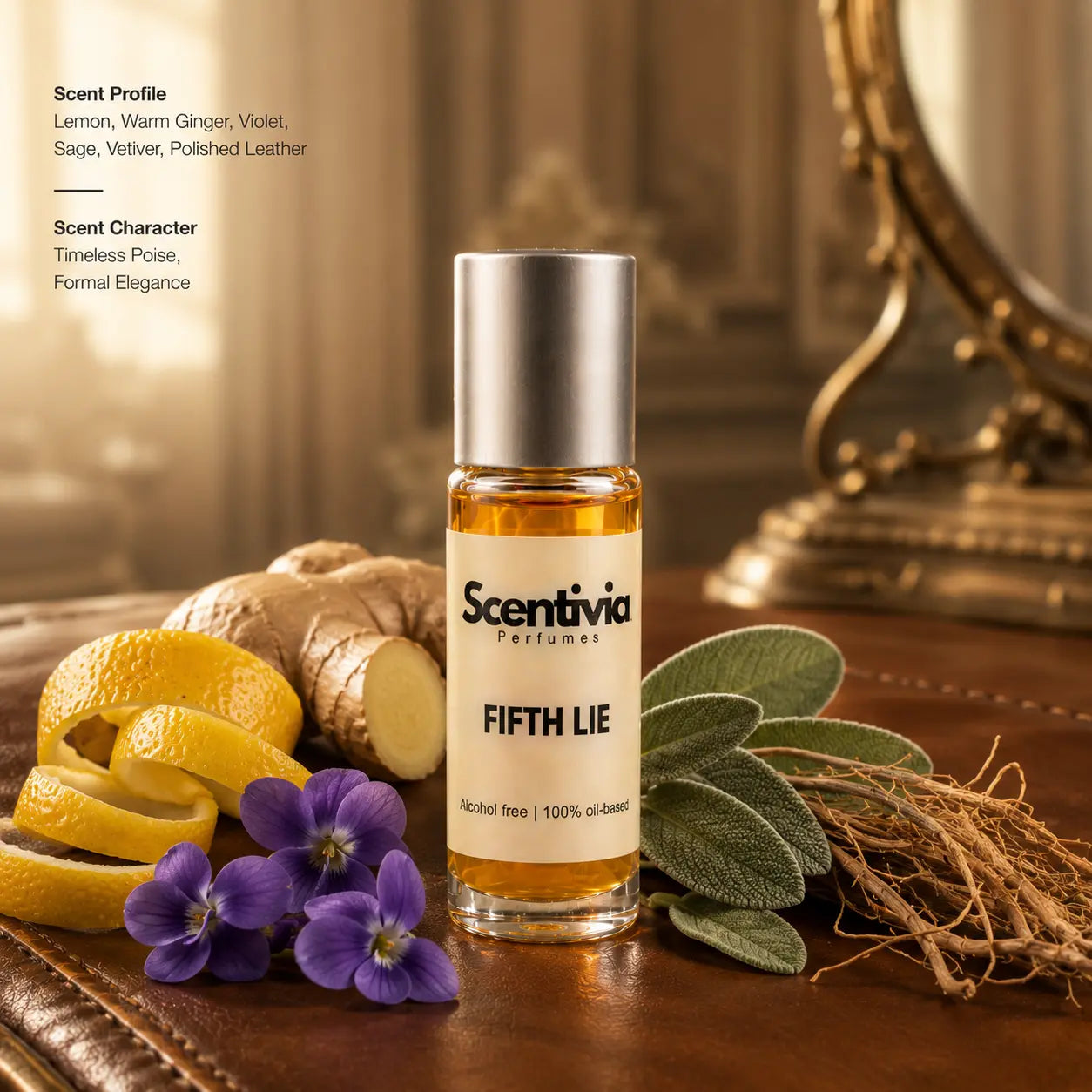 Fifth Lie roll on bottle with Lemon, Ginger, Violet, Sage and Vetiver in elegant warm setting. Character: Timeless, Elegant
