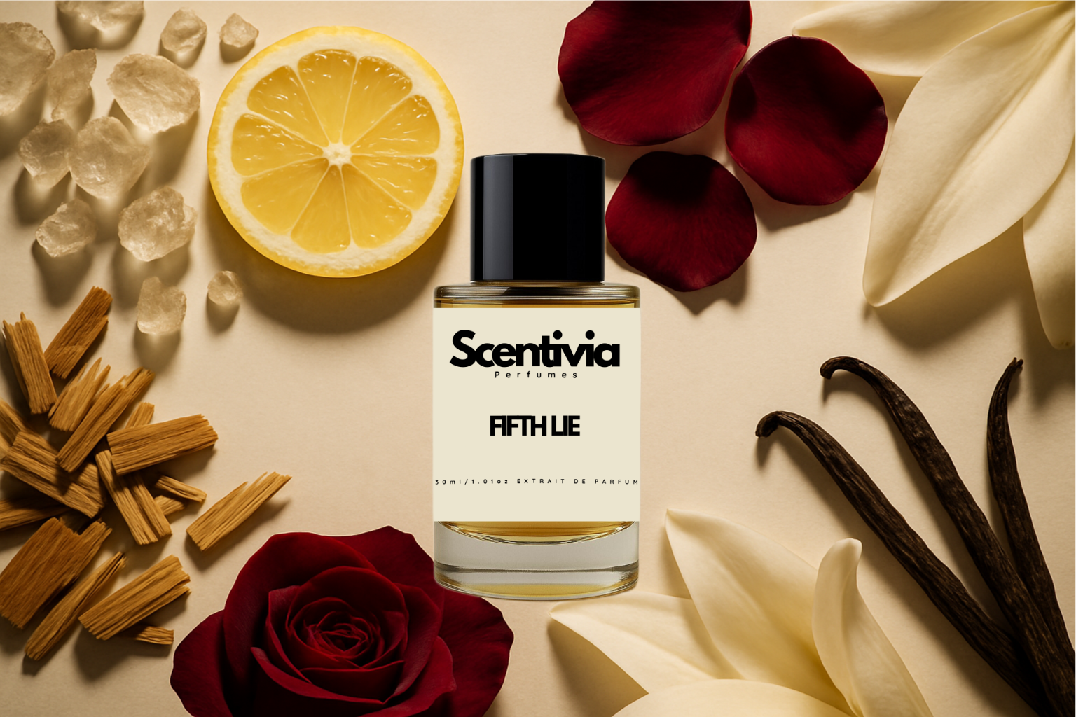 Scentivia Fifth Lie perfume bottle arranged flat on a light beige surface surrounded by a lemon slice, red rose petals, a whole red rose, white lily petals, whole vanilla beans, a pile of wood chips, and small translucent resin pieces.