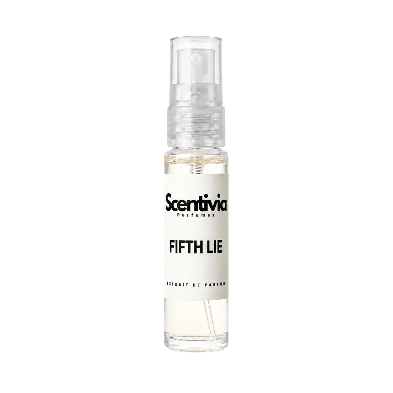 10ML perfume spray bottle with clear glass and white label, Fifth Lie by Scentiva