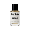 Scentivia Fifth Lie perfume bottle, black cap and clear glass with gold liquid