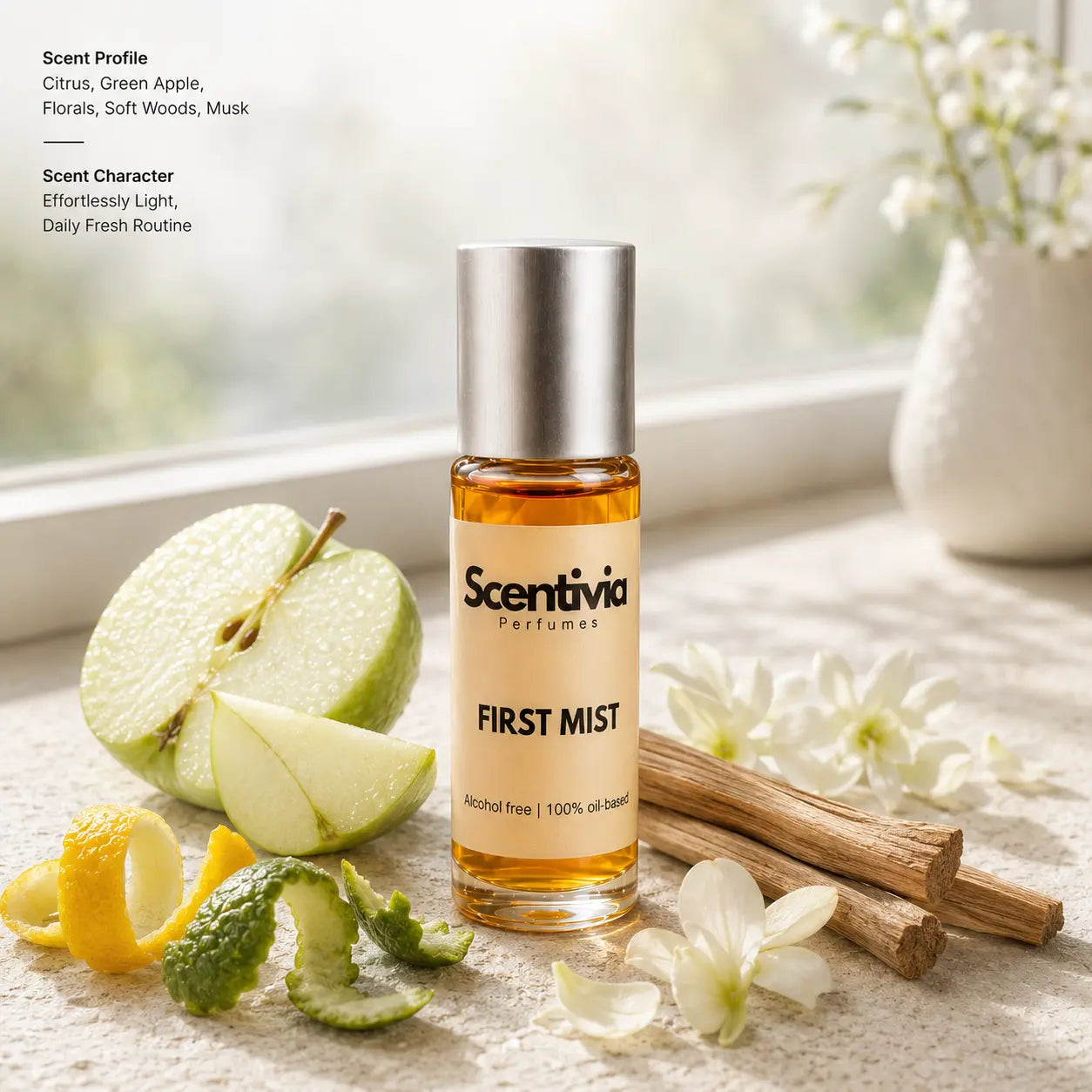 First Mist Roll On bottle with Green Apple, Citrus, White Florals and Woods featuring a light fresh daily scent profile