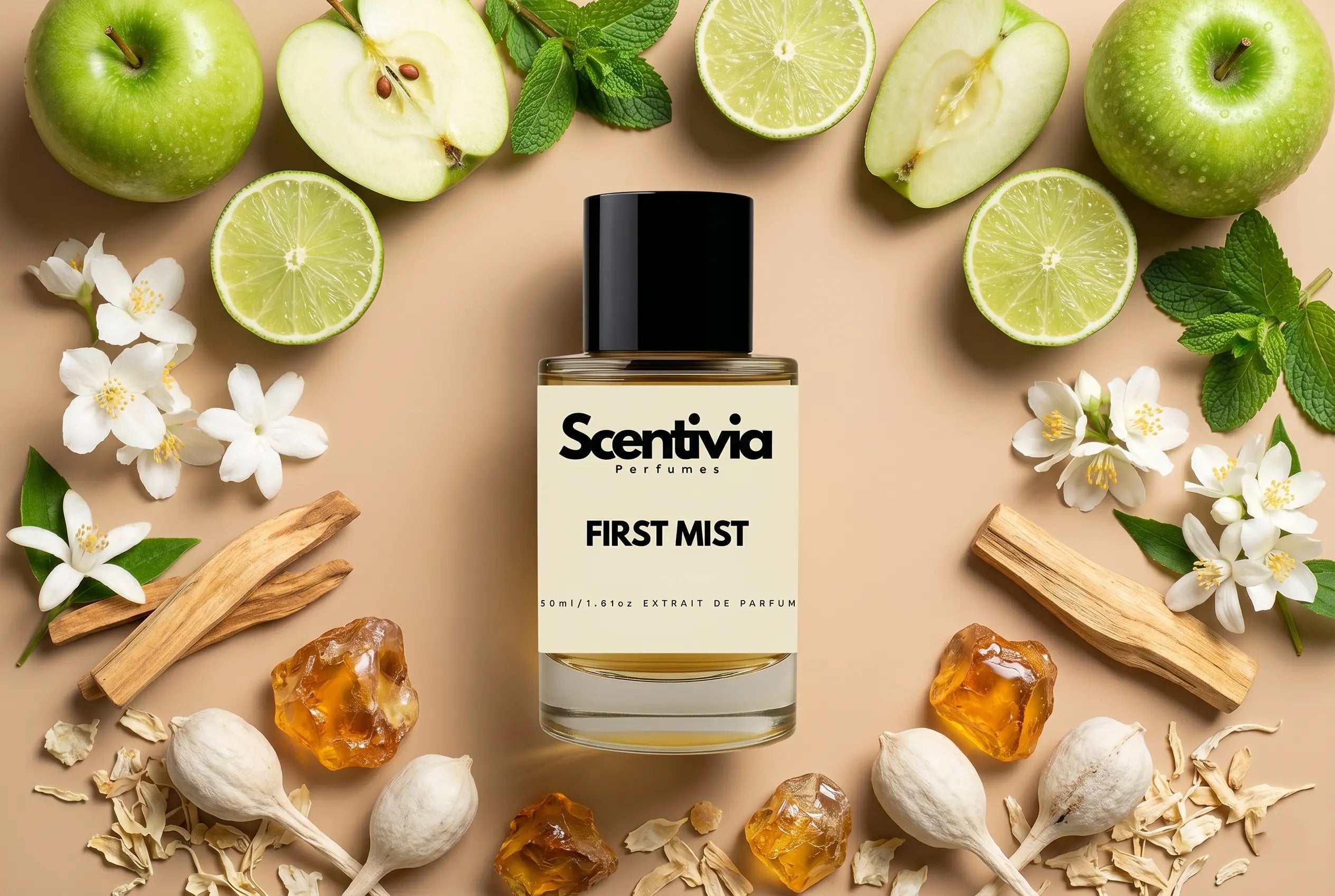 Scentivia First Mist perfume bottle surrounded by whole and halved green apples, lime slices, fresh mint leaves, white jasmine blossoms, pieces of raw wood, golden amber resins, and dried botanicals on a smooth neutral background.