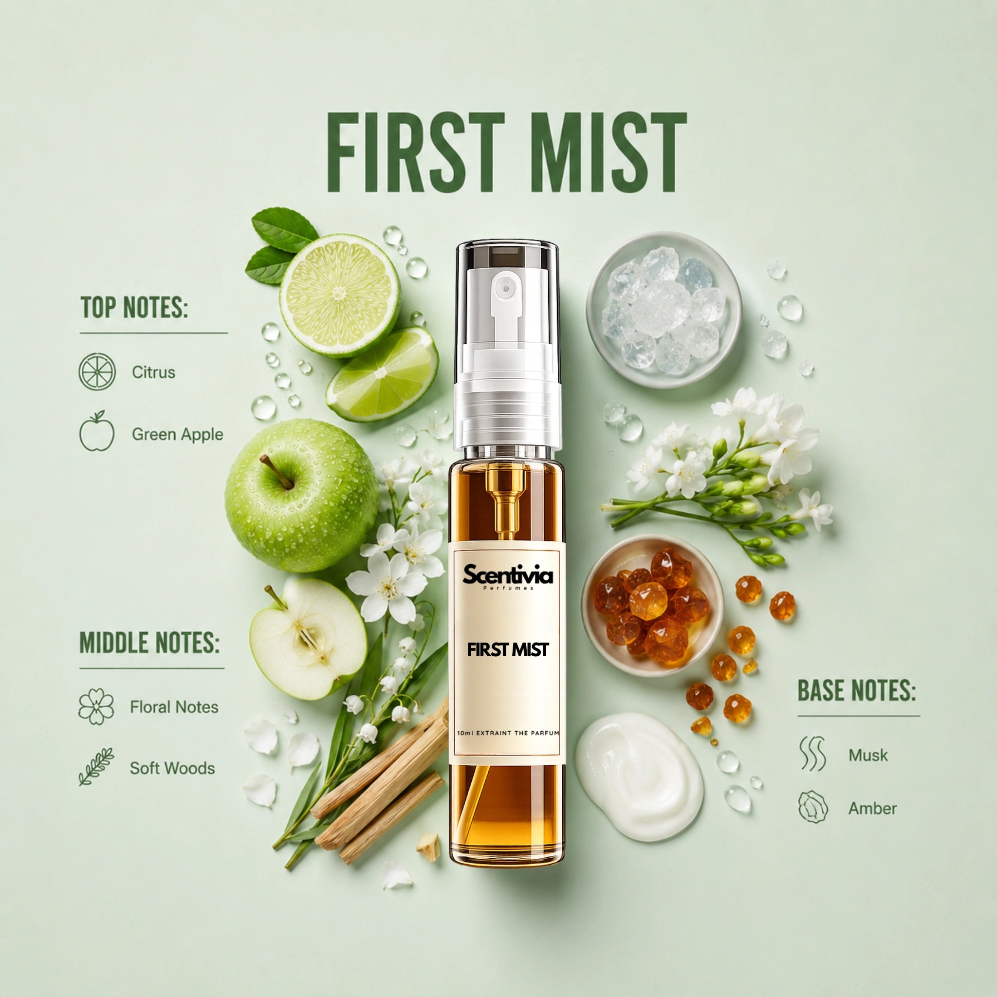 First Mist 10ML perfume bottle by Scentivia Perfumes with citrus, green apple, floral notes, musk and amber