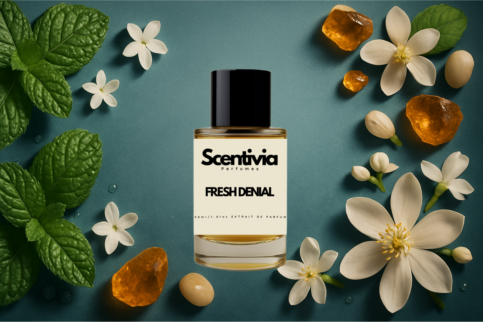 Scentivia Fresh Denial perfume bottle surrounded by vibrant mint leaves, small white blossoms, amber stones, and delicate jasmine flowers on a dark teal background.