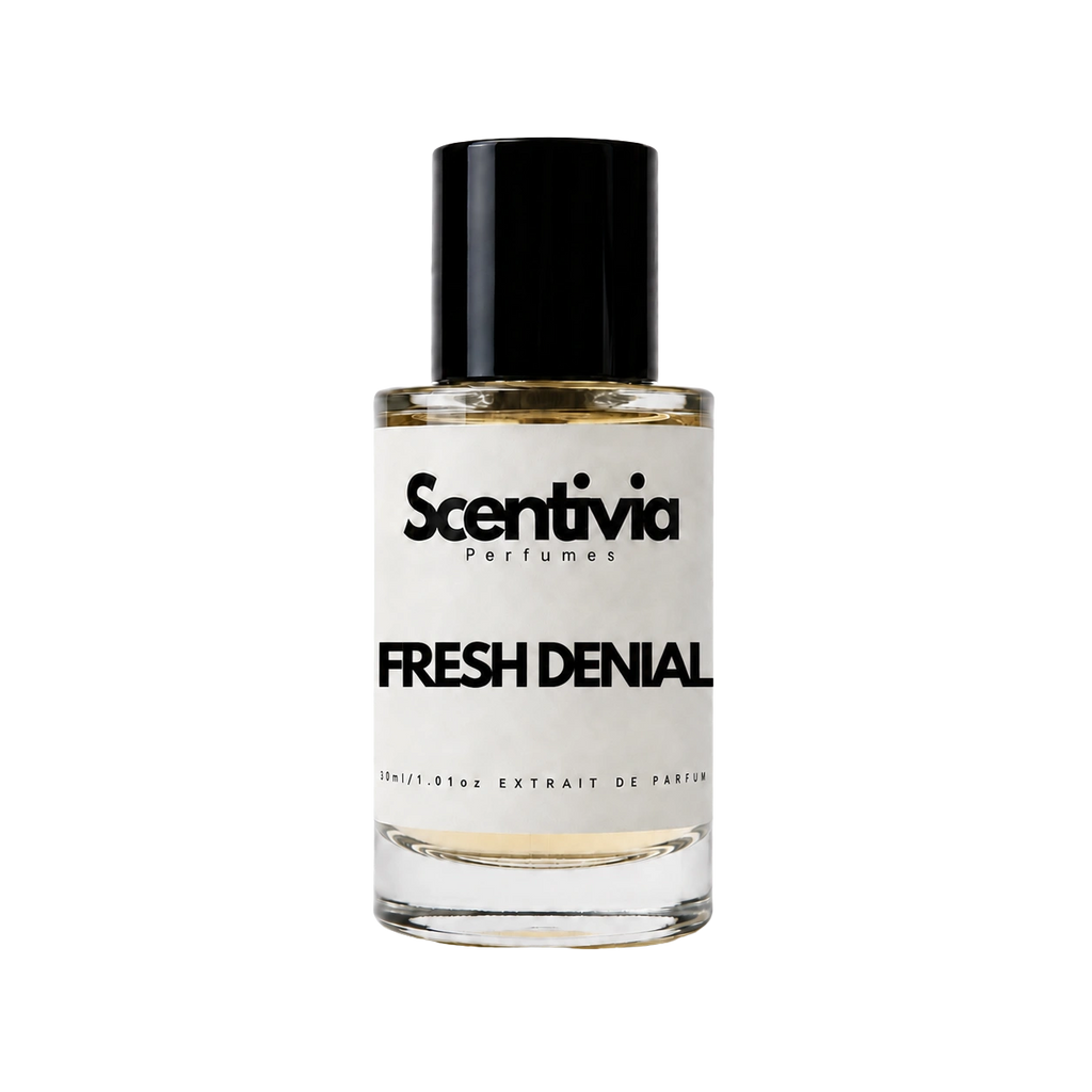 Fresh Denial perfume bottle with black cap and Scentivia label, clear amber liquid