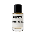 Fresh Denial perfume bottle with black cap and Scentivia label, clear amber liquid