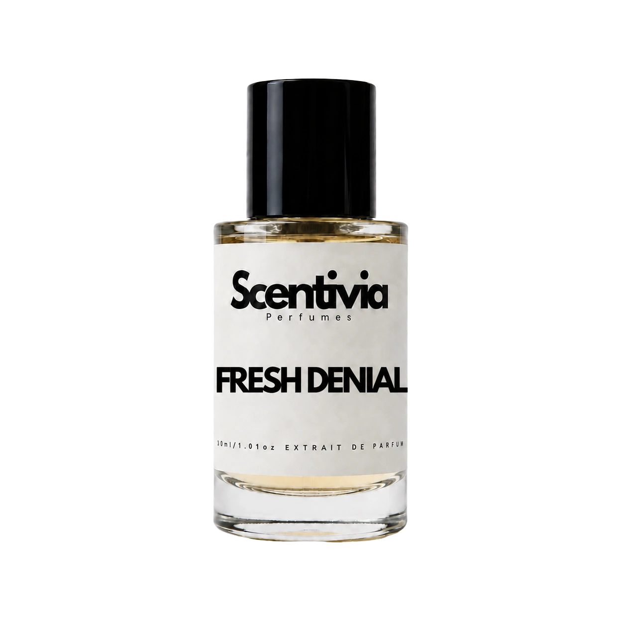 Fresh Denial perfume bottle with black cap and Scentivia label, clear amber liquid