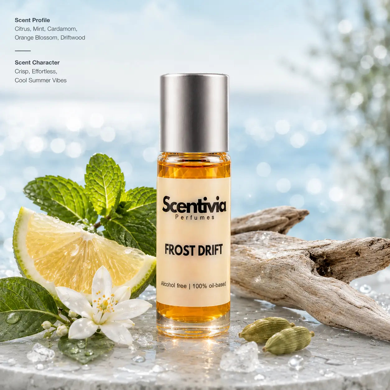 Frost Drift Roll On bottle with Citrus, Mint, Cardamom and Driftwood featuring a crisp cool summer scent profile