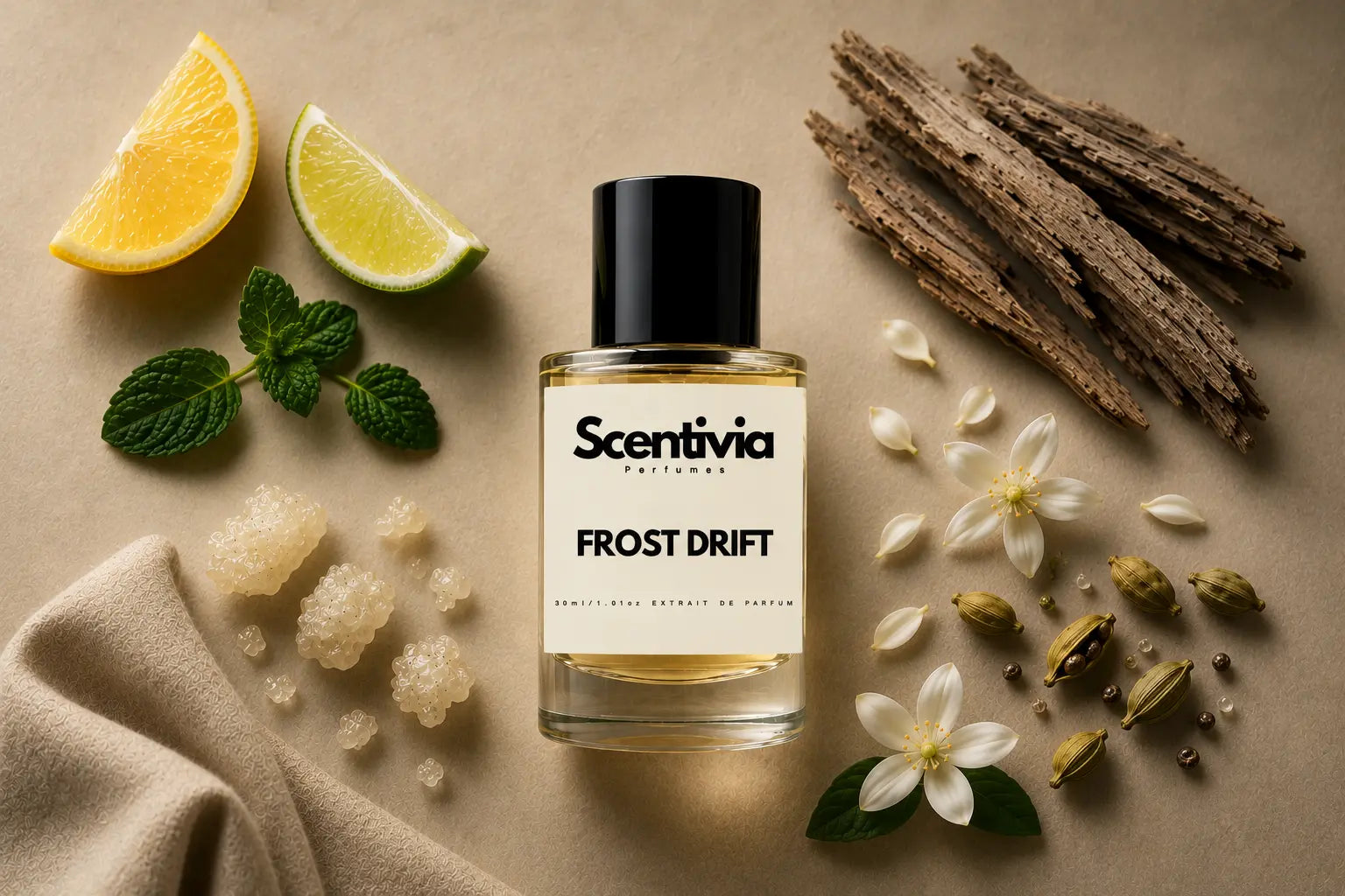 Scentivia Frost Drift perfume bottle surrounded by lemon and lime slices, fresh mint leaves, translucent sea salt or resin crystals, delicate white blossoms, whole cardamom pods with loose seeds, and textured driftwood pieces on a beige background.
