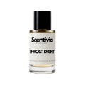 Frost Drift perfume bottle with black cap, amber liquid, Scentvia label