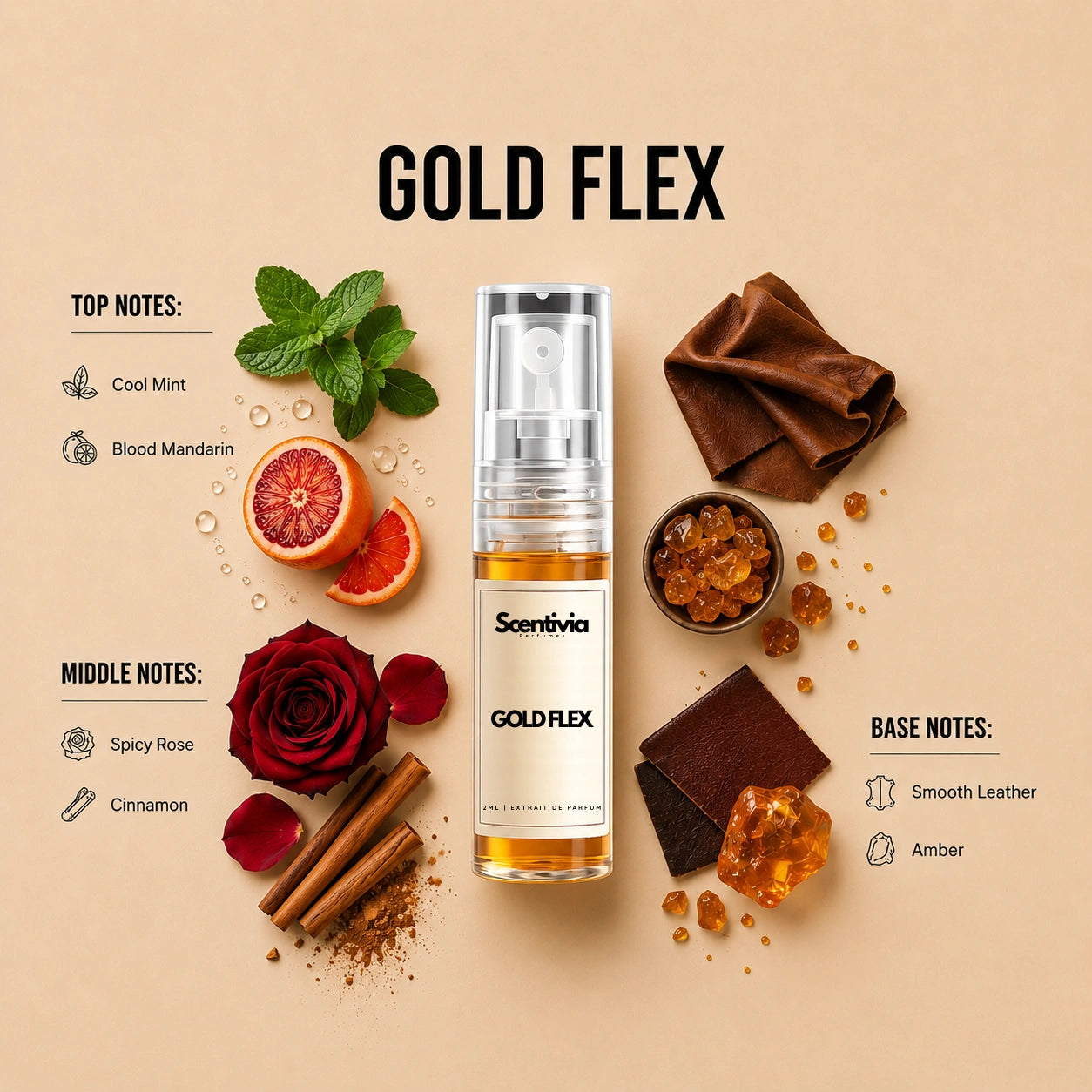Gold Flex 2ML perfume bottle by Scentivia Perfumes with mint, blood mandarin, rose, cinnamon, smooth leather and amber