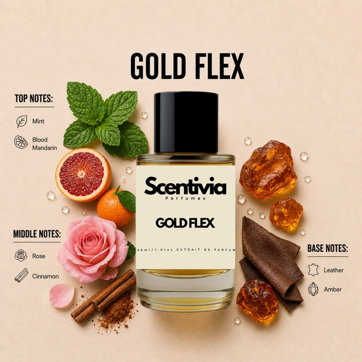 Scentivia Gold Flex perfume breakdown showing top, middle, and base notes including mint, blood mandarin, rose, cinnamon, leather, and amber stones around the bottle.