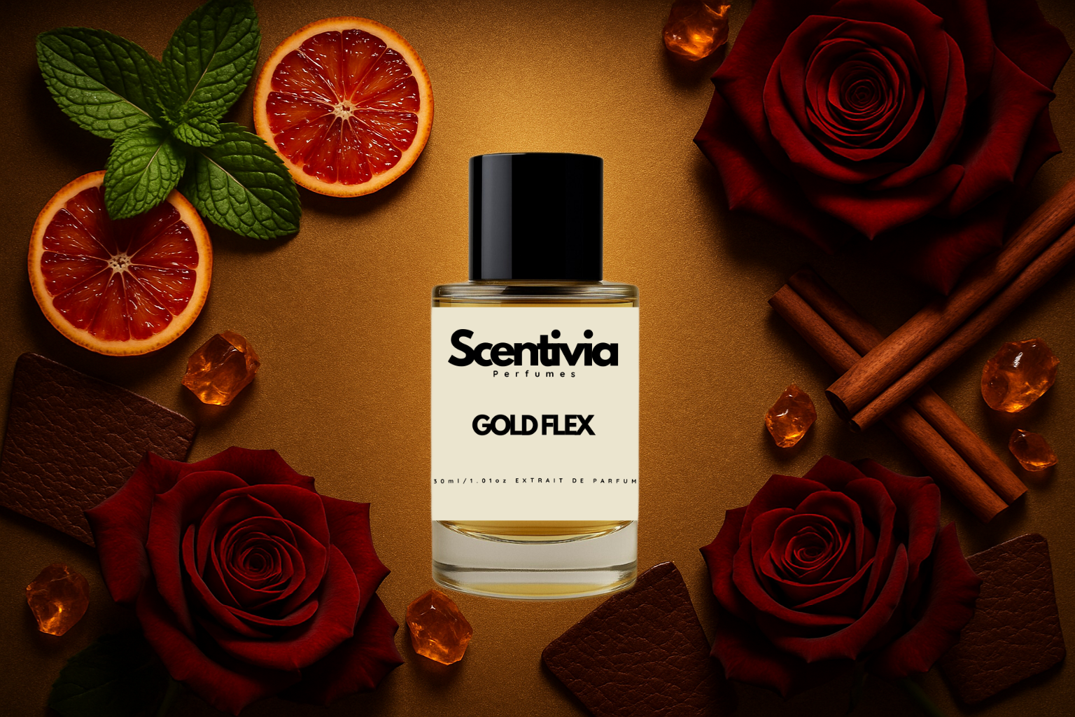 Scentivia Gold Flex perfume bottle surrounded by sliced blood oranges, mint leaves, dark red roses, cinnamon sticks, leather swatches, and amber stones on a gold background.