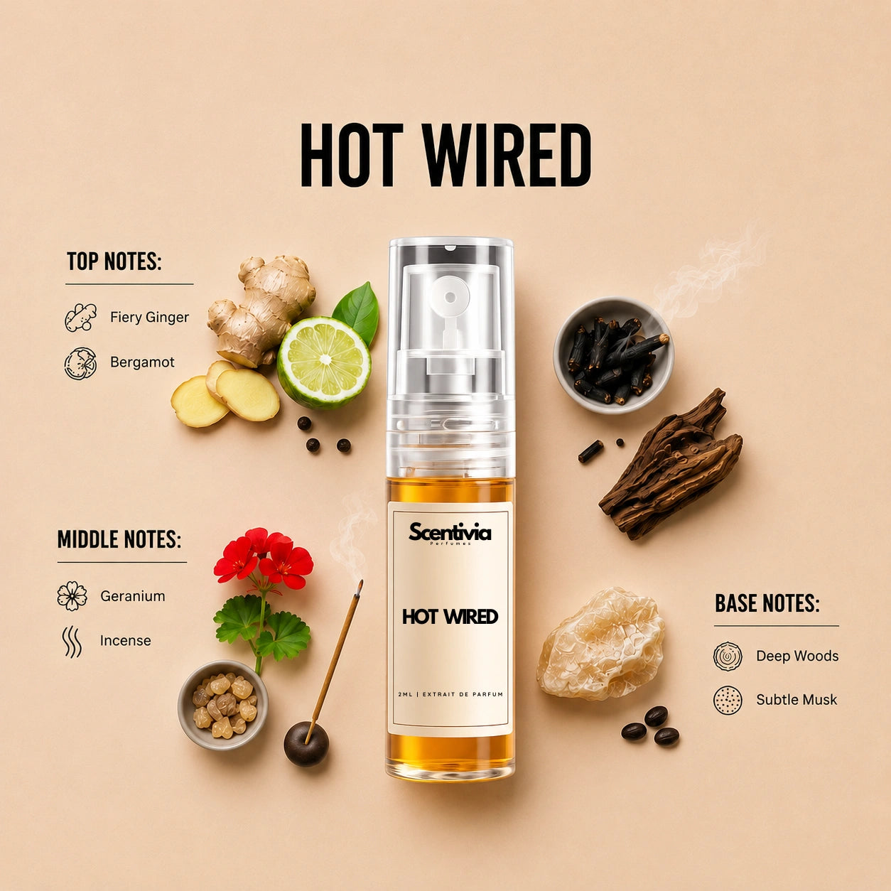 Hot Wired 2ML perfume bottle by Scentivia Perfumes with ginger, bergamot, geranium, incense, deep woods and subtle musk notes