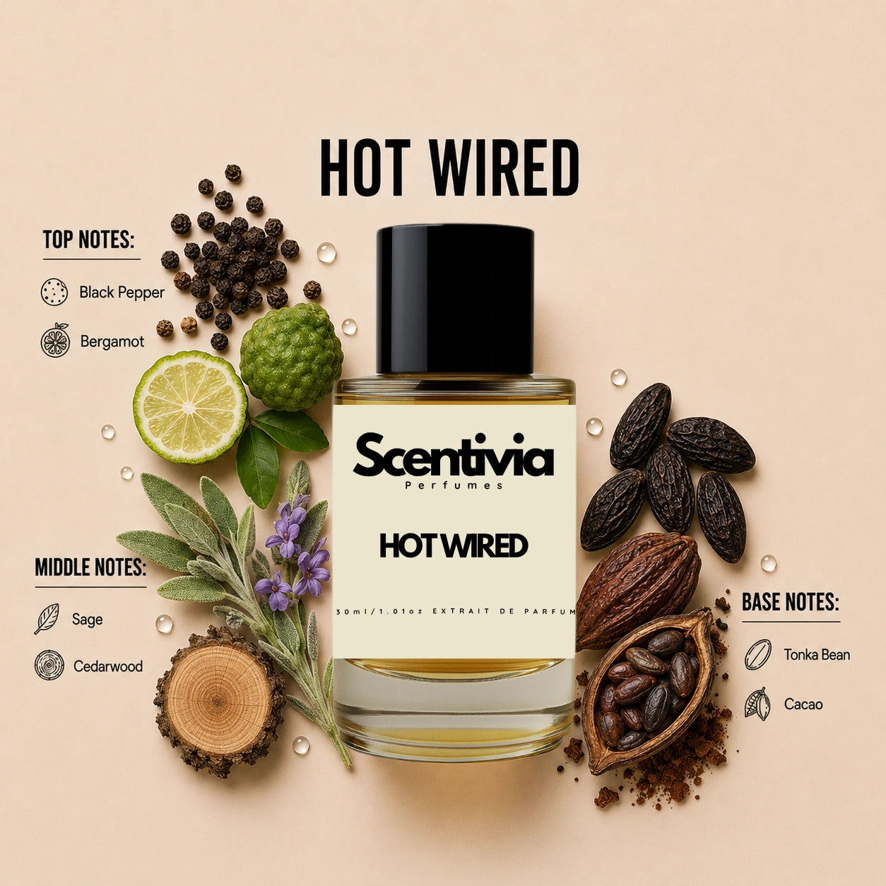 Scentivia Hot Wired perfume breakdown showing top, middle, and base notes including black pepper, bergamot, sage, cedarwood, tonka bean, and cacao.