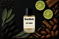 Scentivia Hot Wired perfume bottle surrounded by lime slices, sage, tonka beans, cocoa beans, and wood bark on black.