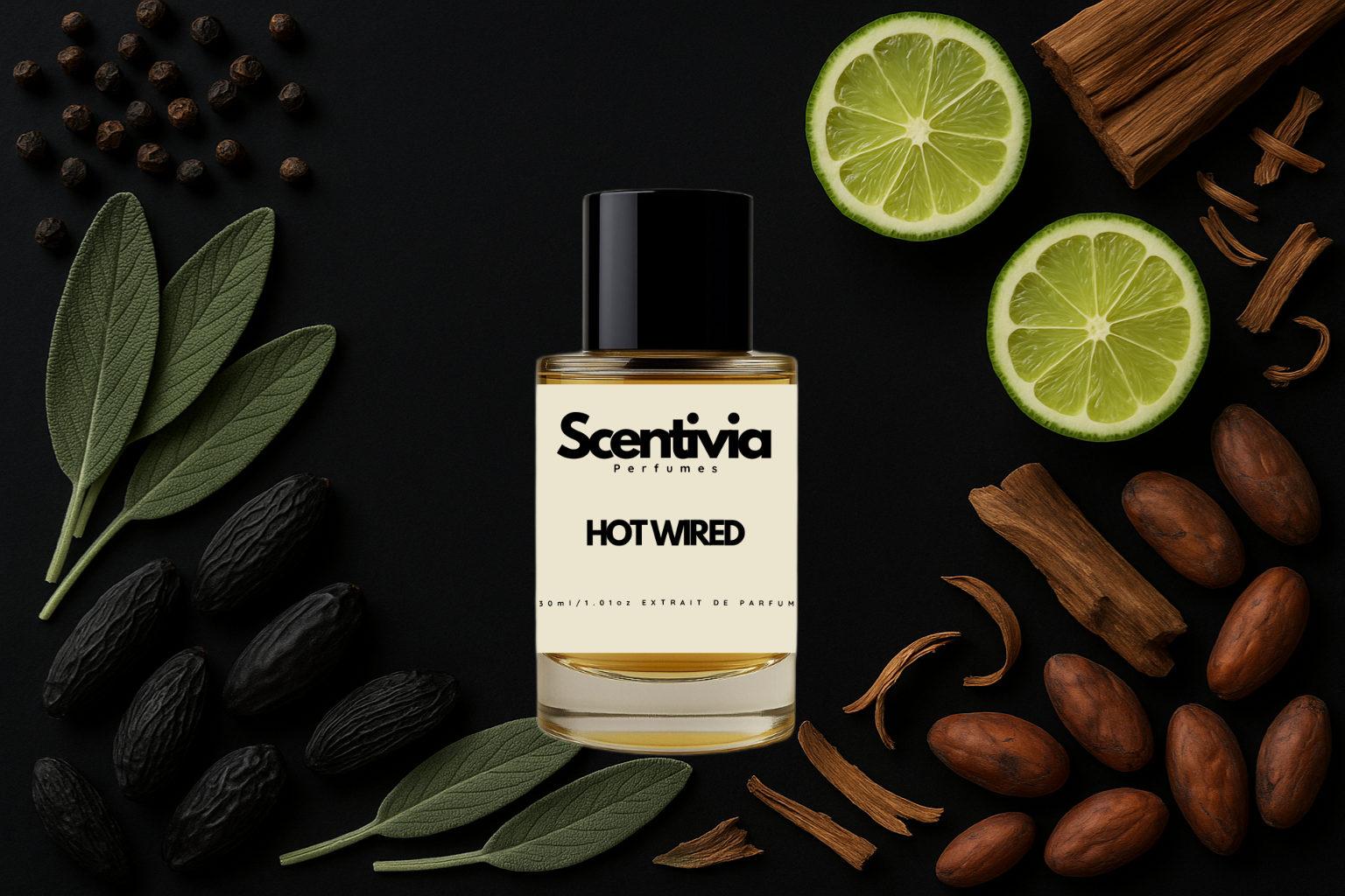 Scentivia Hot Wired perfume bottle surrounded by lime slices, sage, tonka beans, cocoa beans, and wood bark on black.