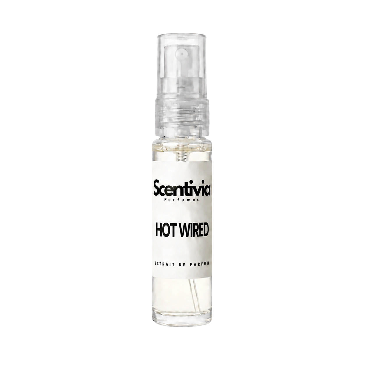 Sentivia Hot Wired 10 mL perfume bottle with clear spray top and label