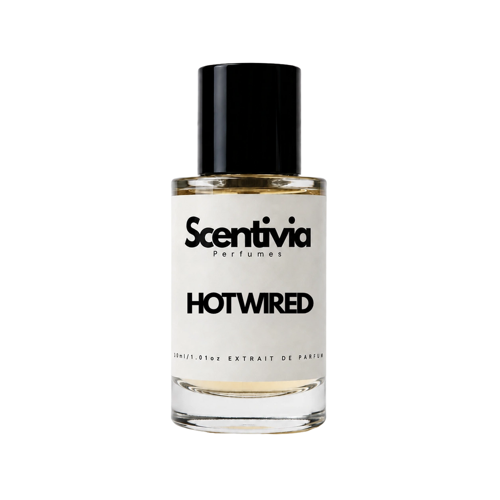 Hot Wired extrait de parfum bottle, clear amber liquid, black cap