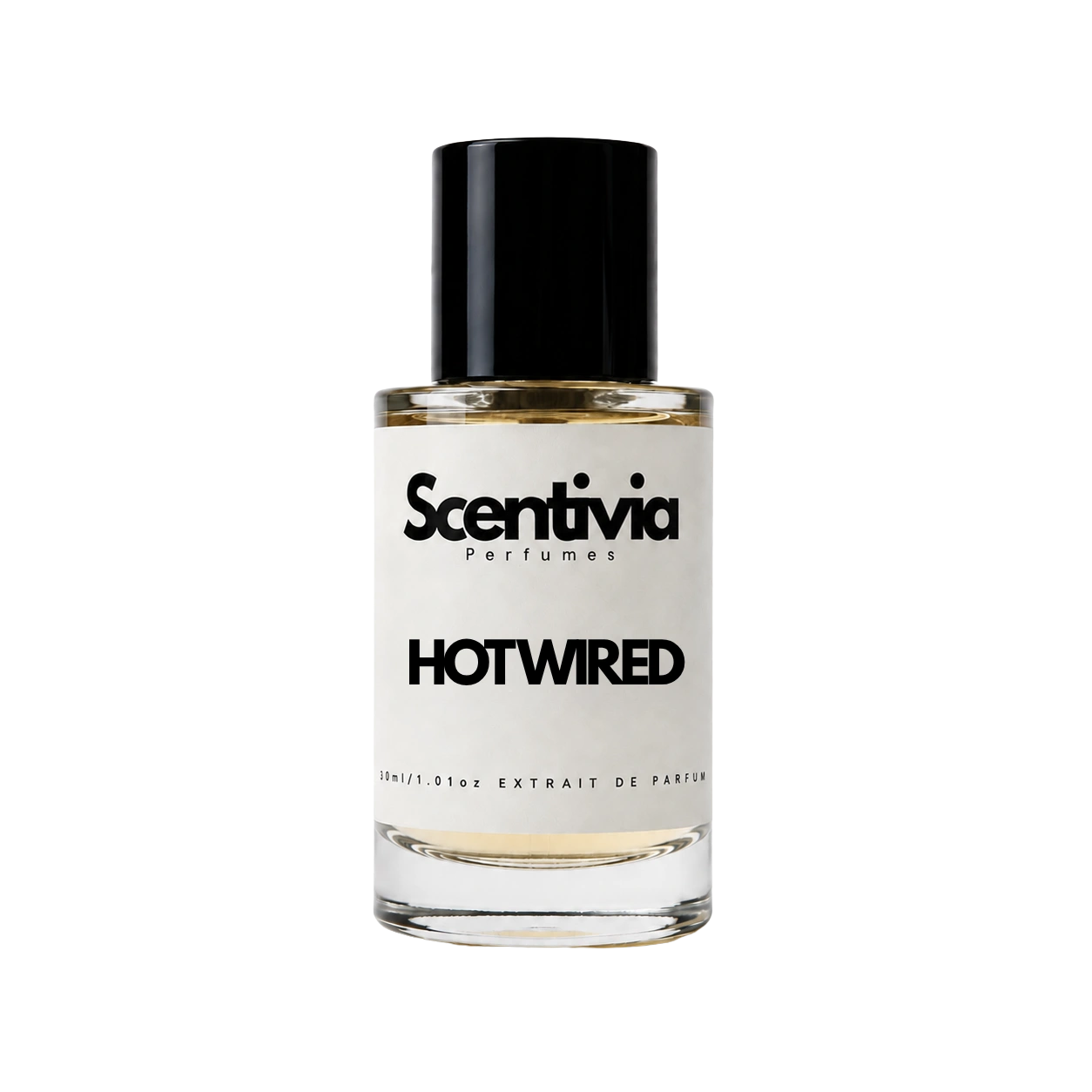 Hot Wired extrait de parfum bottle, clear amber liquid, black cap