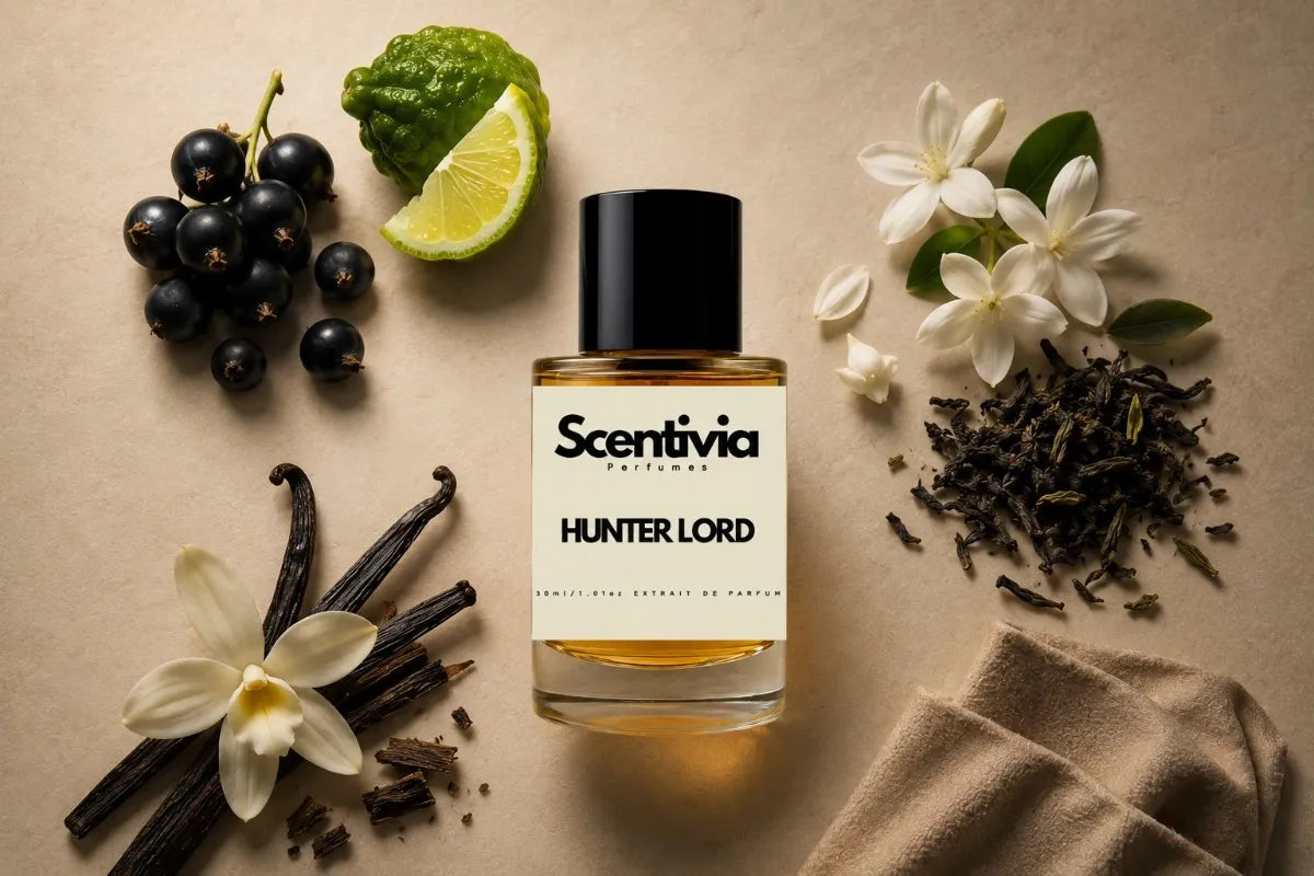 Scentivia Hunter Lord perfume bottle surrounded by a cluster of fresh blackcurrants, a textured bergamot fruit, a lime wedge, delicate white blossoms, loose dark tea leaves, a vanilla orchid flower with vanilla pods, and folded beige fabric on a smooth, neutral-toned background.