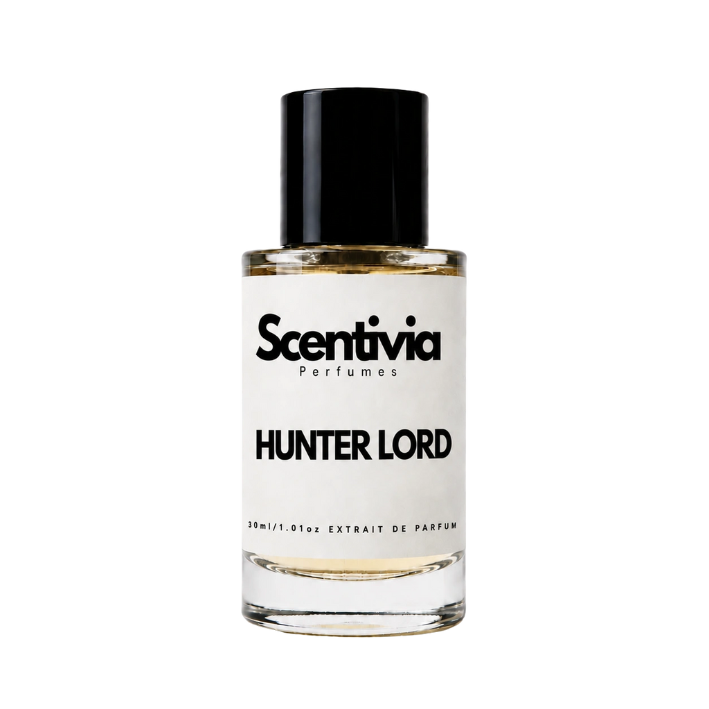 Hunter Lord eau de parfum bottle, clear glass with black cap and gold liquid