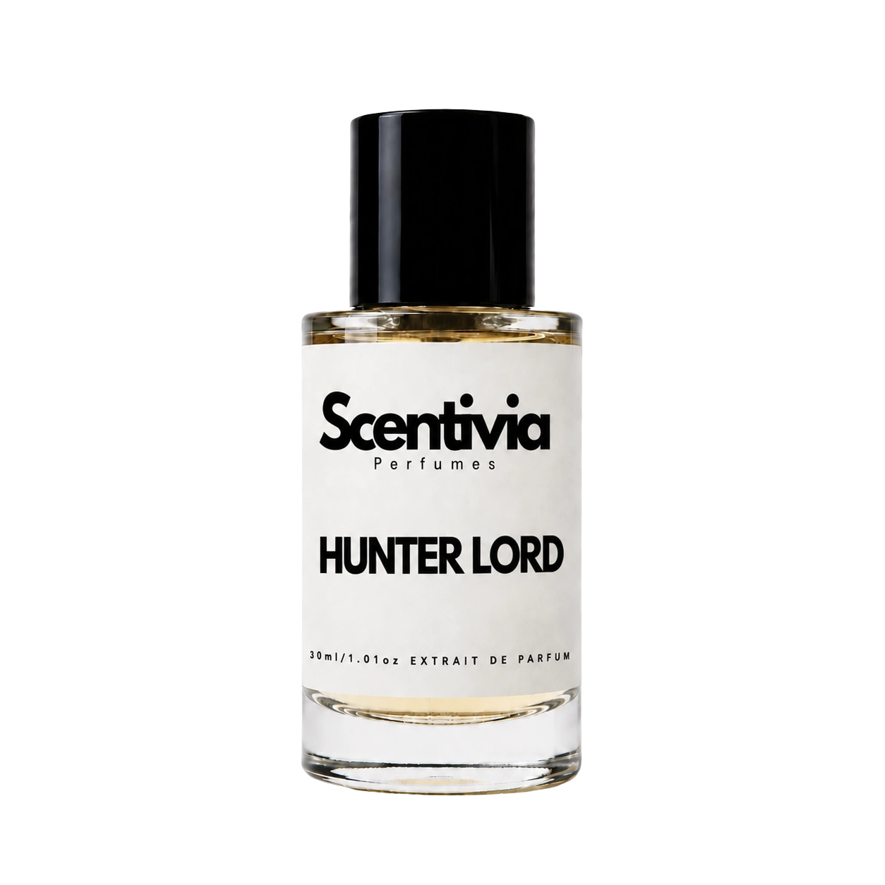 Hunter Lord eau de parfum bottle, clear glass with black cap and gold liquid