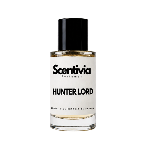 Hunter Lord eau de parfum bottle, clear glass with black cap and gold liquid