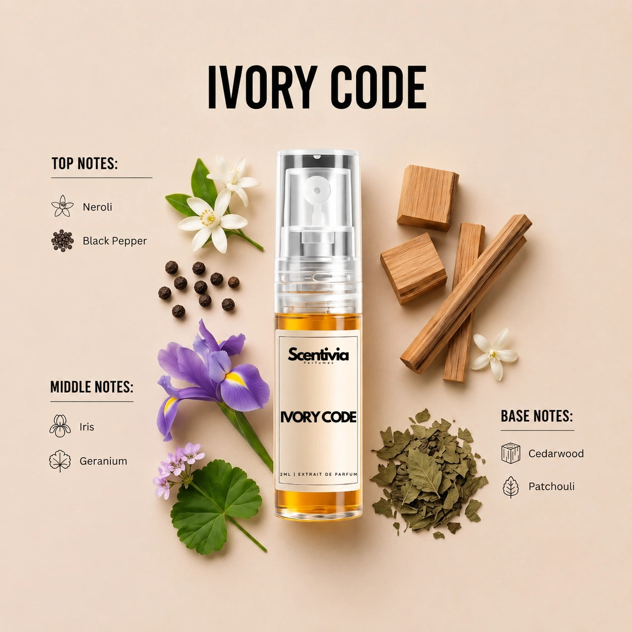 Ivory Code 2ML perfume bottle by Scentivia Perfumes with neroli, black pepper, iris, cedarwood and patchouli