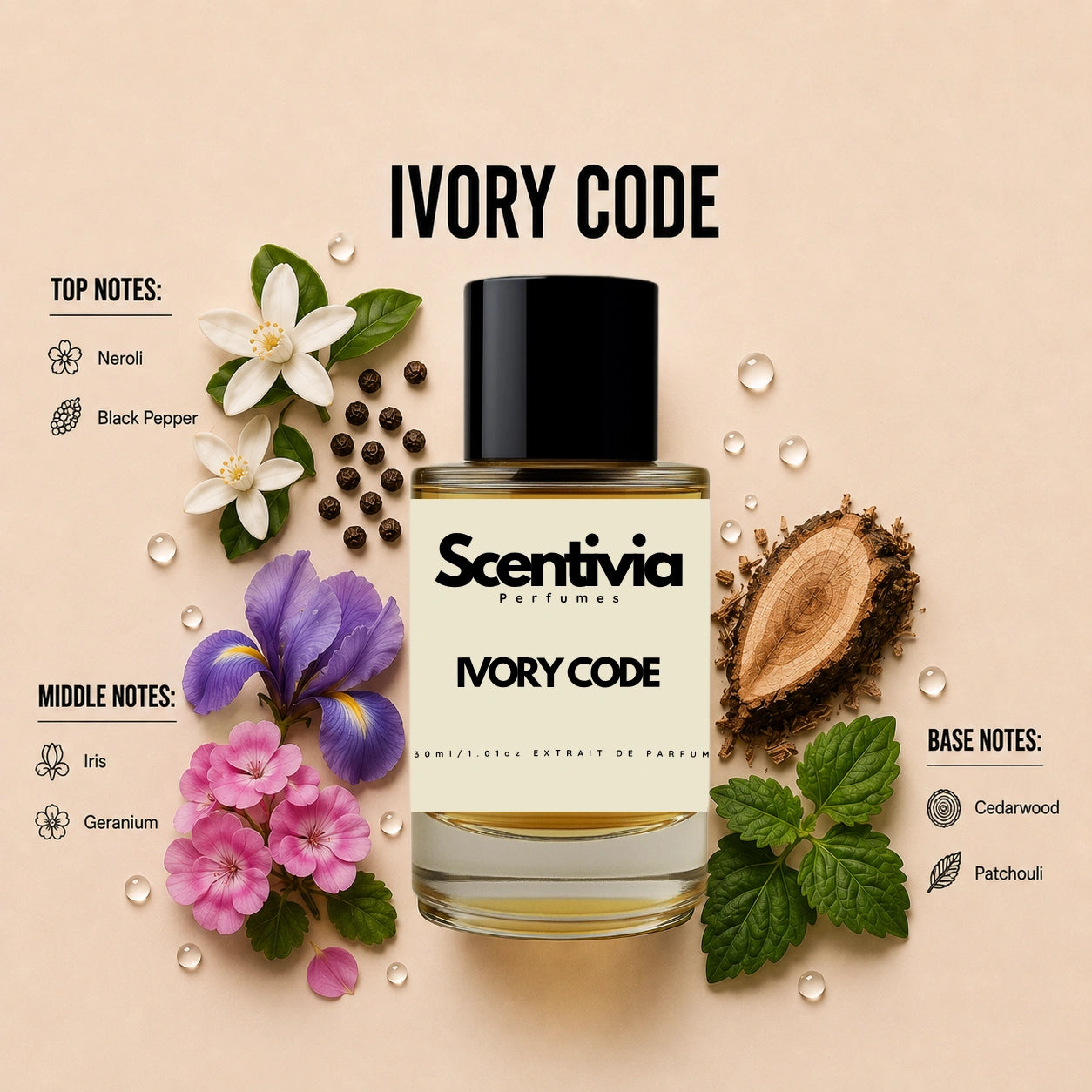 Scentivia Ivory Code perfume breakdown showing top, middle, and base notes including neroli, black pepper, iris, geranium, cedarwood, and patchouli around the bottle.