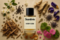 Scentivia Ivory Code perfume bottle arranged on a beige surface surrounded by its visual notes: delicate white blossoms, black peppercorns, rough wood shavings, dried textured bark, purple flower petals, loose lavender buds, green leaves, vibrant pink geranium flowers, a twisted orange peel, and small scattered green leaves.