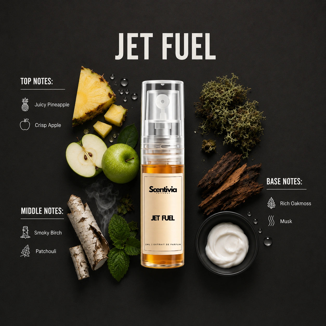 Jet Fuel - Luxury fragrance ingredients with juicy pineapple, crisp apple, smoky birch, patchouli, oakmoss and musk