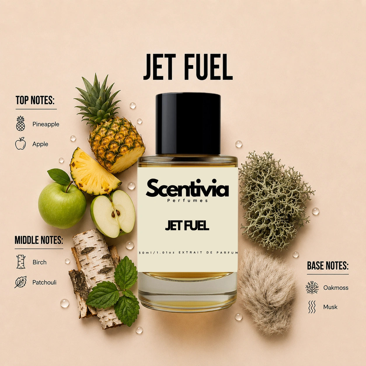 Scentivia Jet Fuel perfume breakdown showing top, middle, and base notes including pineapple, apple, birch, patchouli, oakmoss, and musk around the bottle.