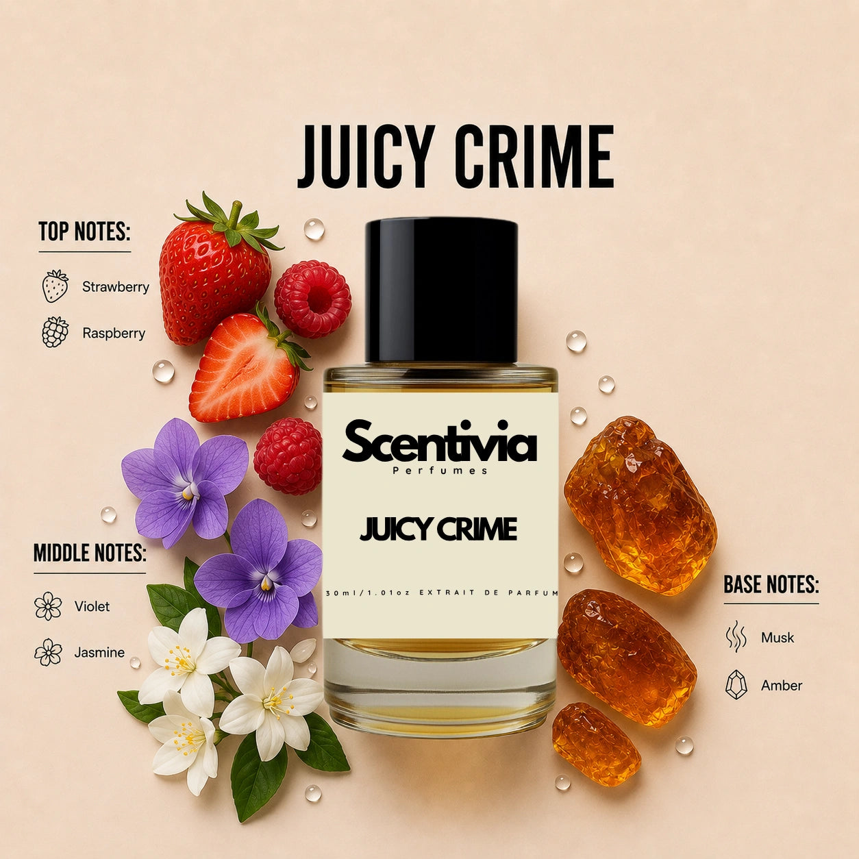 Scentivia Juicy Crime perfume breakdown showing top, middle, and base notes including strawberry, violet, and amber stones around the bottle.