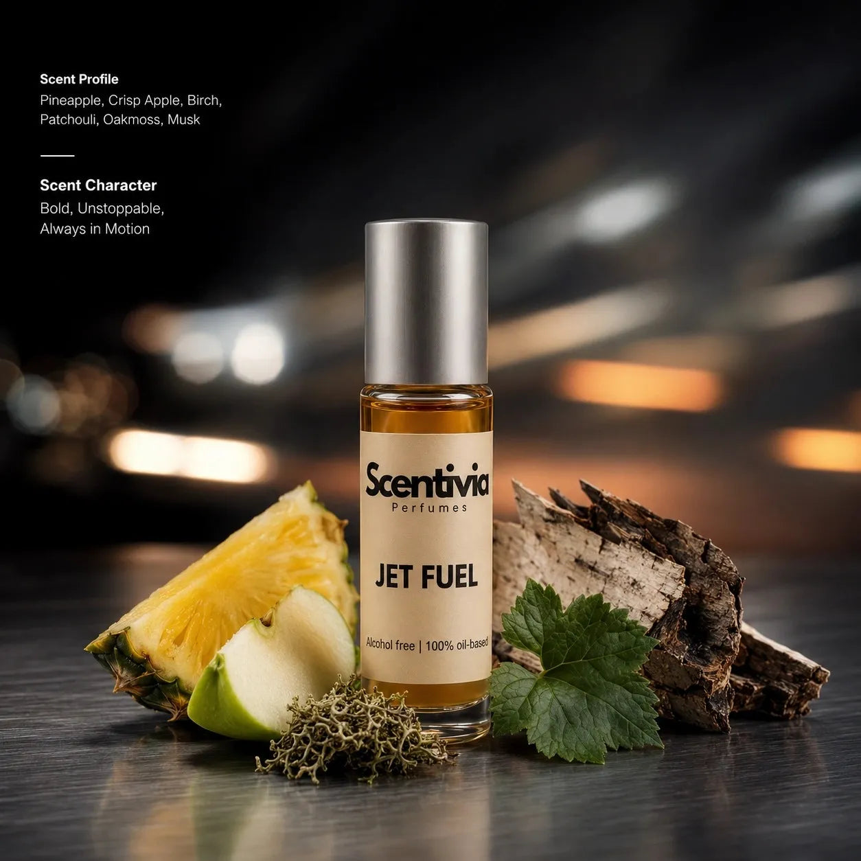 Jet Fuel roll on bottle with Pineapple, Apple, Birchwood and Oakmoss in bold smoky setting. Character: Bold, Unstoppable