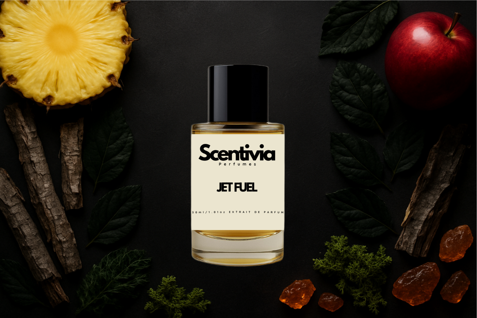 Scentivia Jet Fuel perfume bottle arranged flat on a black surface surrounded by a pineapple round, a whole red apple, pieces of tree bark, dark green leaves, clumps of green moss, and translucent amber resin chunks.