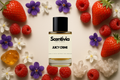 Scentivia Juicy Crime perfume bottle surrounded by fresh strawberries, red raspberries, purple and white flowers, crystals, and amber.