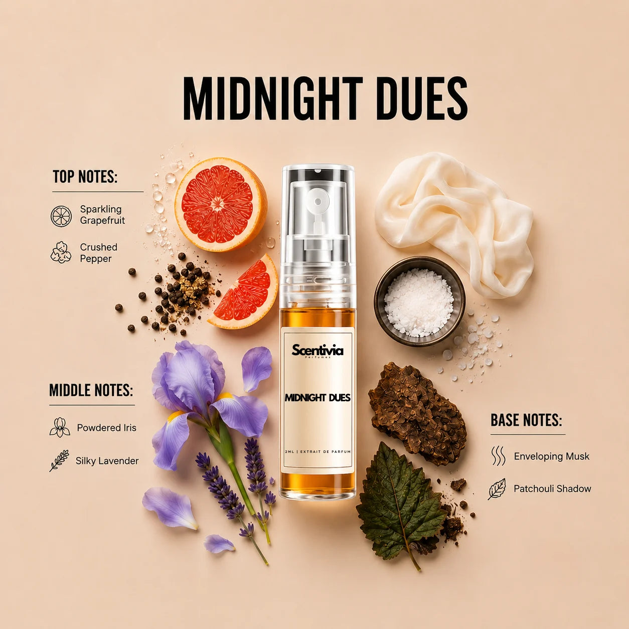 Midnight Dues - Luxury fragrance ingredients with sparkling grapefruit, crushed pepper, iris, lavender, musk and patchouli notes