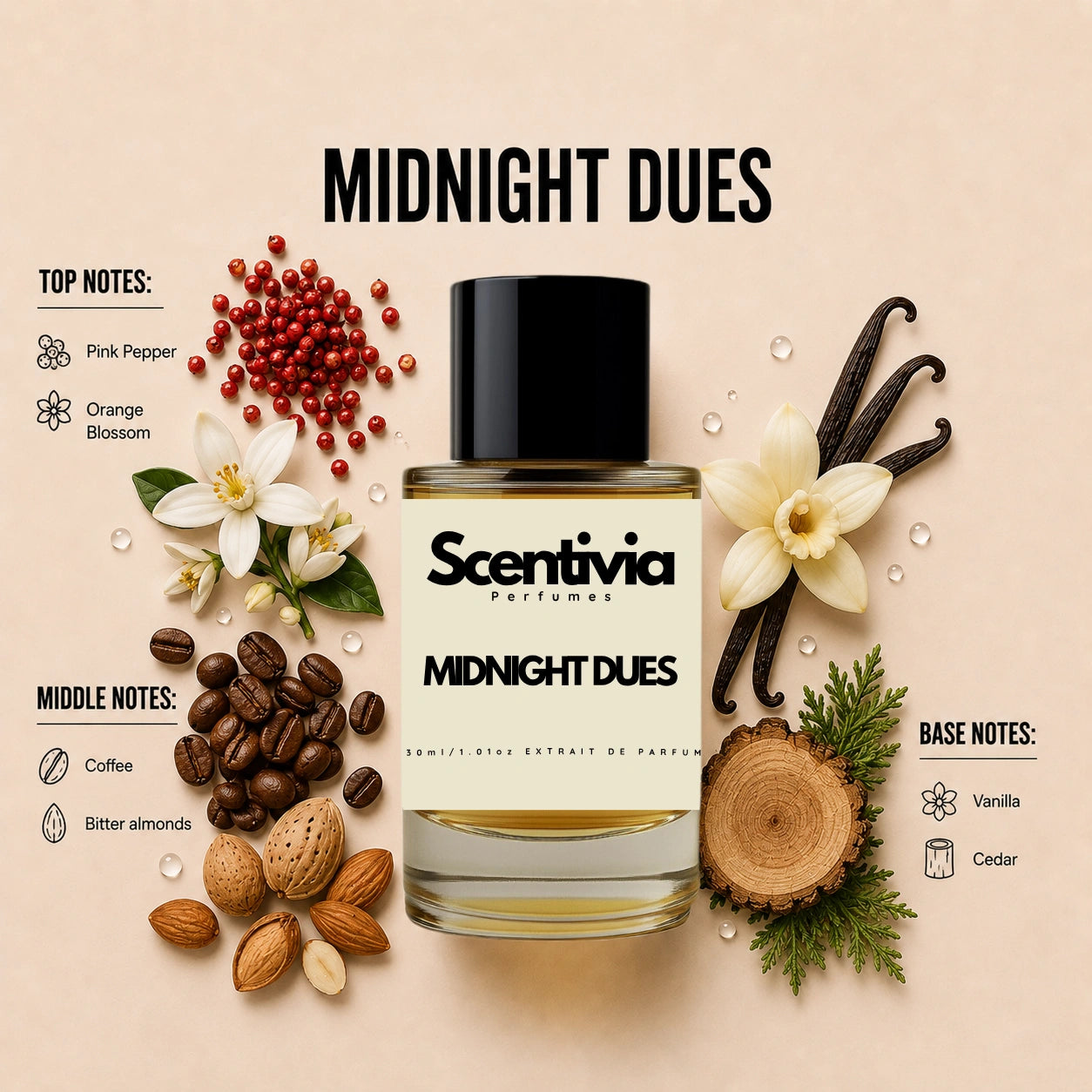 Scentivia Midnight Dues perfume breakdown showing top, middle, and base notes including pink pepper, orange blossom, coffee, bitter almonds, vanilla, and cedar around the bottle.