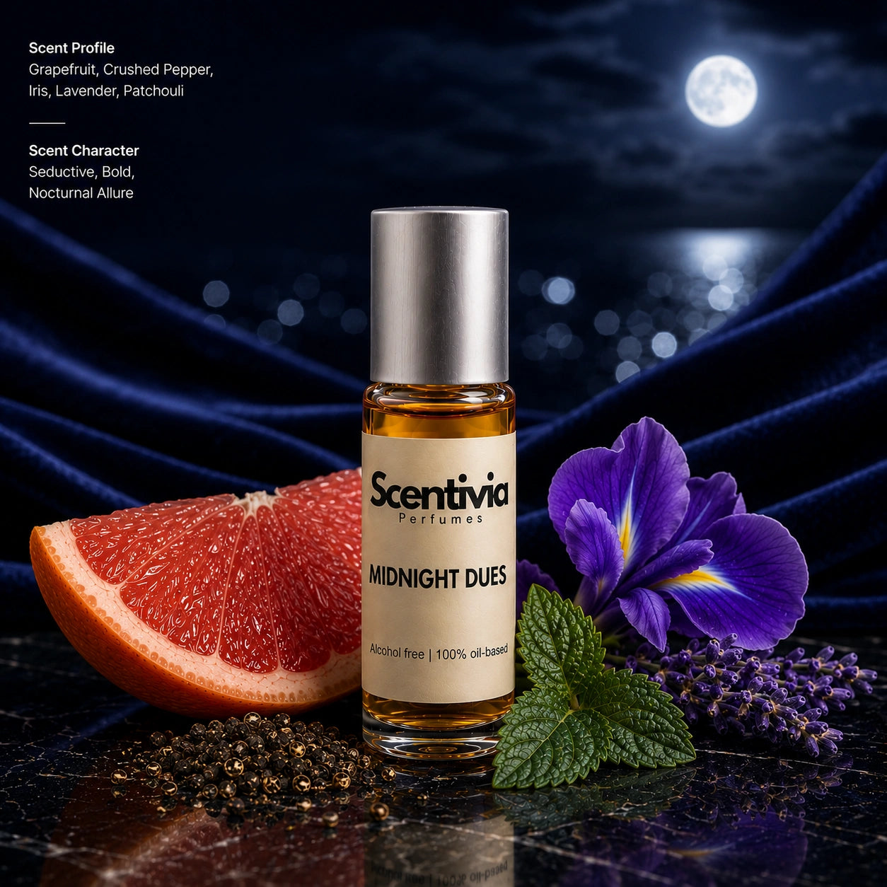 Midnight Dues roll on bottle with grapefruit slice, iris flower, lavender, mint leaves and peppercorns under moonlit background