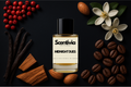 Scentivia Midnight Dues perfume bottle arranged flat on a black surface surrounded by red pink peppercorns, whole vanilla beans, wood blocks, whole almonds, coffee beans, and white blossoms with green leaves.